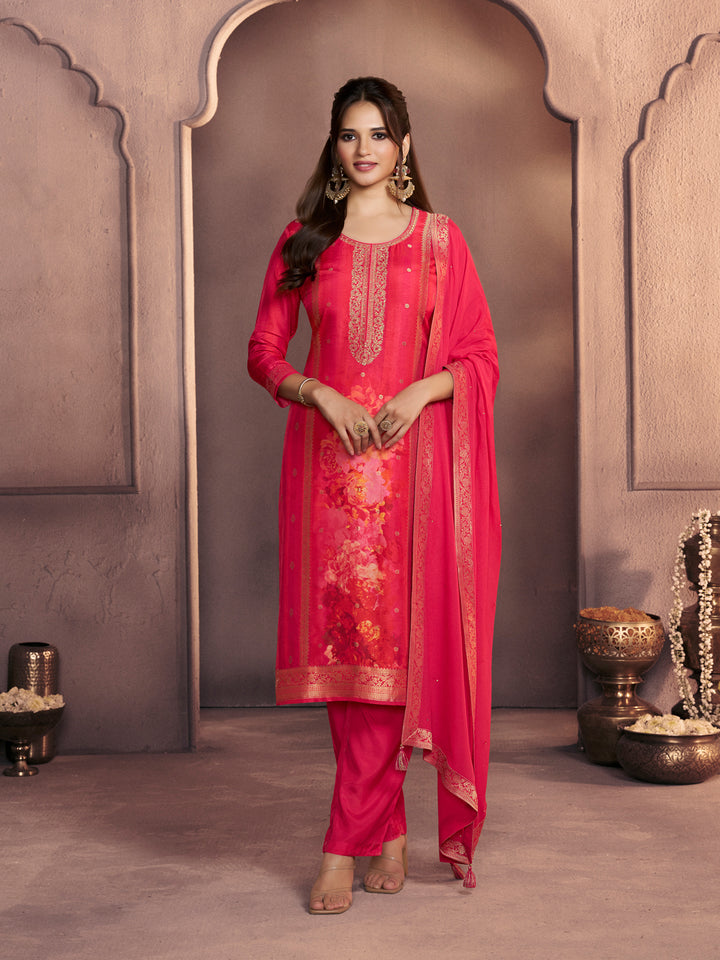 Amaranth Pink Premium Dola Silk Suit with Ethnic Motifs & Jacquard Accents