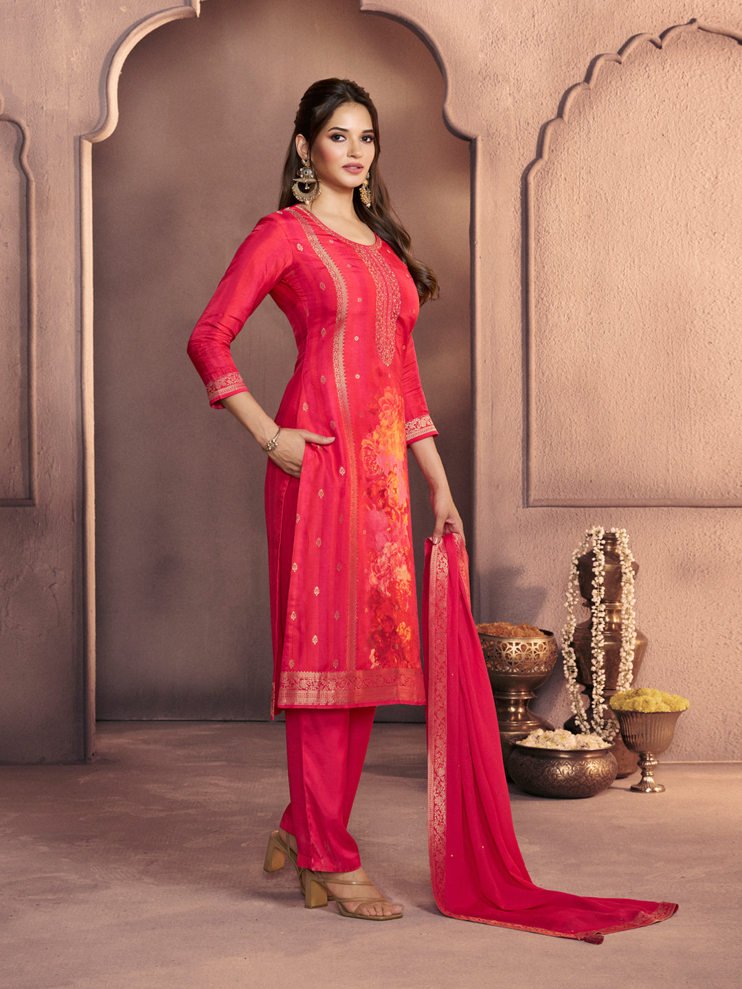 Amaranth Pink Premium Dola Silk Suit with Ethnic Motifs & Jacquard Accents