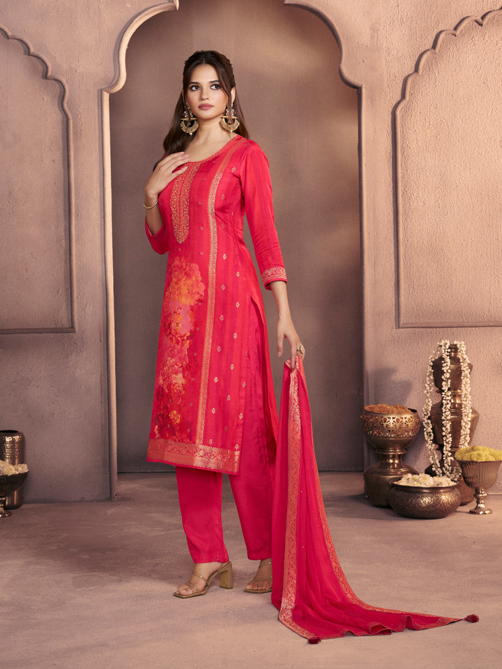 Amaranth Pink Premium Dola Silk Suit with Ethnic Motifs & Jacquard Accents