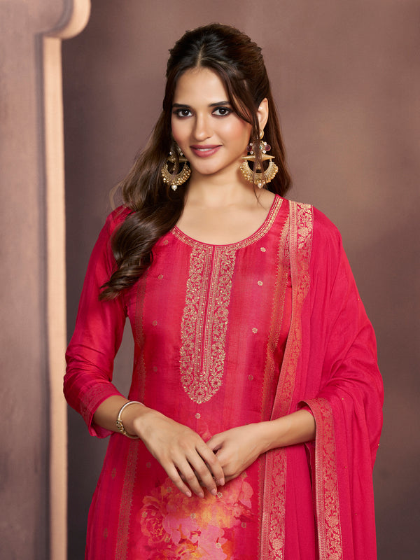 Amaranth Pink Premium Dola Silk Suit with Ethnic Motifs & Jacquard Accents