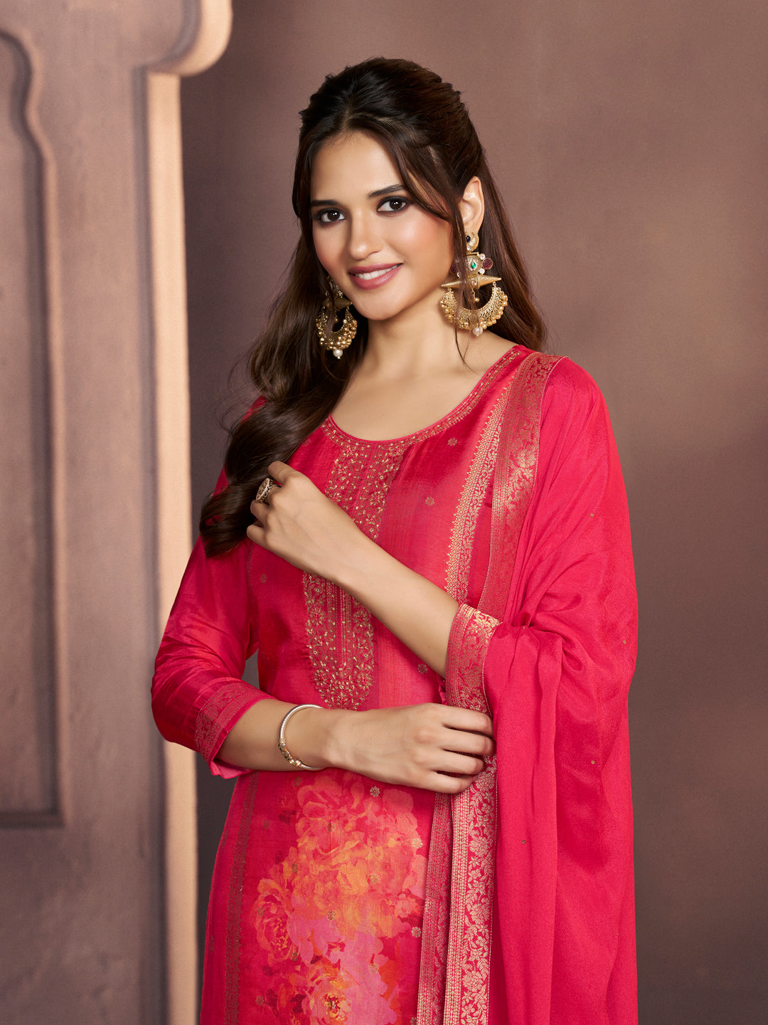 Amaranth Pink Premium Dola Silk Suit with Ethnic Motifs & Jacquard Accents