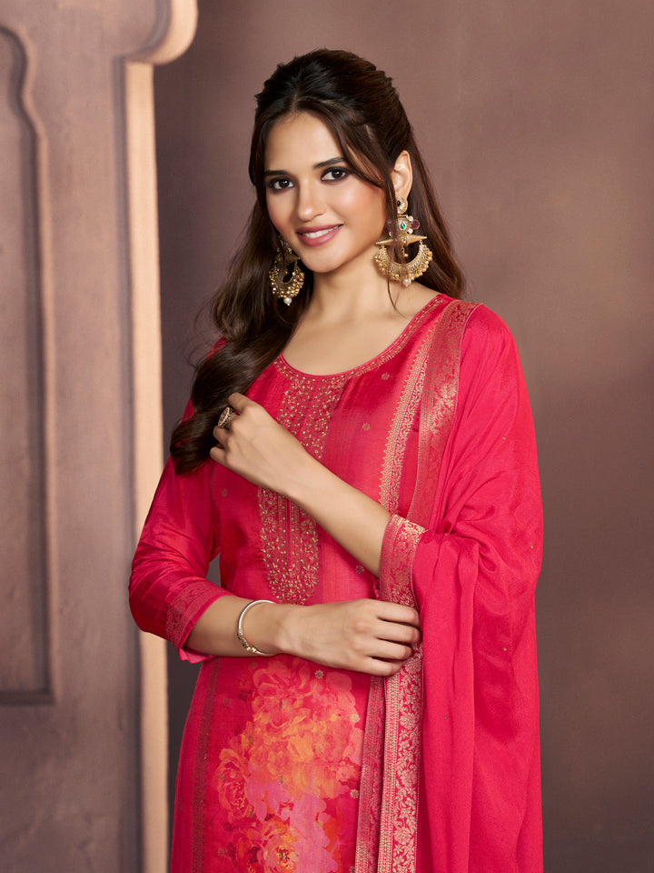 Amaranth Pink Premium Dola Silk Suit with Ethnic Motifs & Jacquard Accents