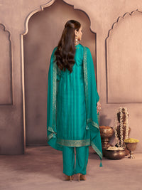 Bondi Blue Premium Dola Silk Suit with Ethnic Motifs & Jacquard Accents