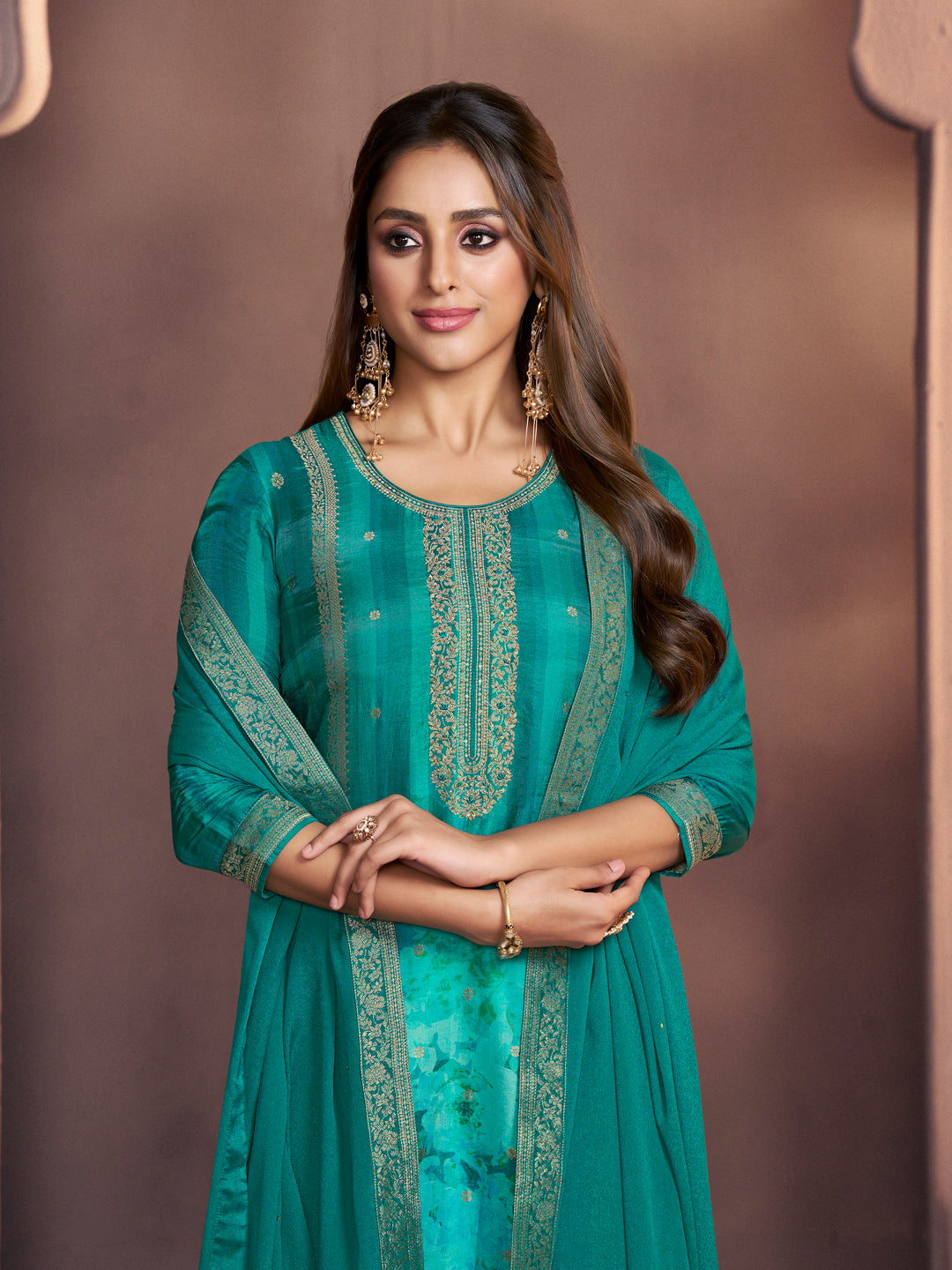 Bondi Blue Premium Dola Silk Suit with Ethnic Motifs & Jacquard Accents