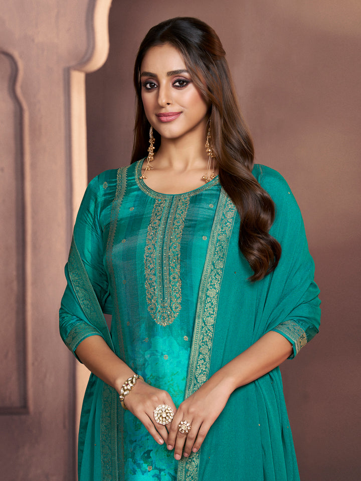 Bondi Blue Premium Dola Silk Suit with Ethnic Motifs & Jacquard Accents