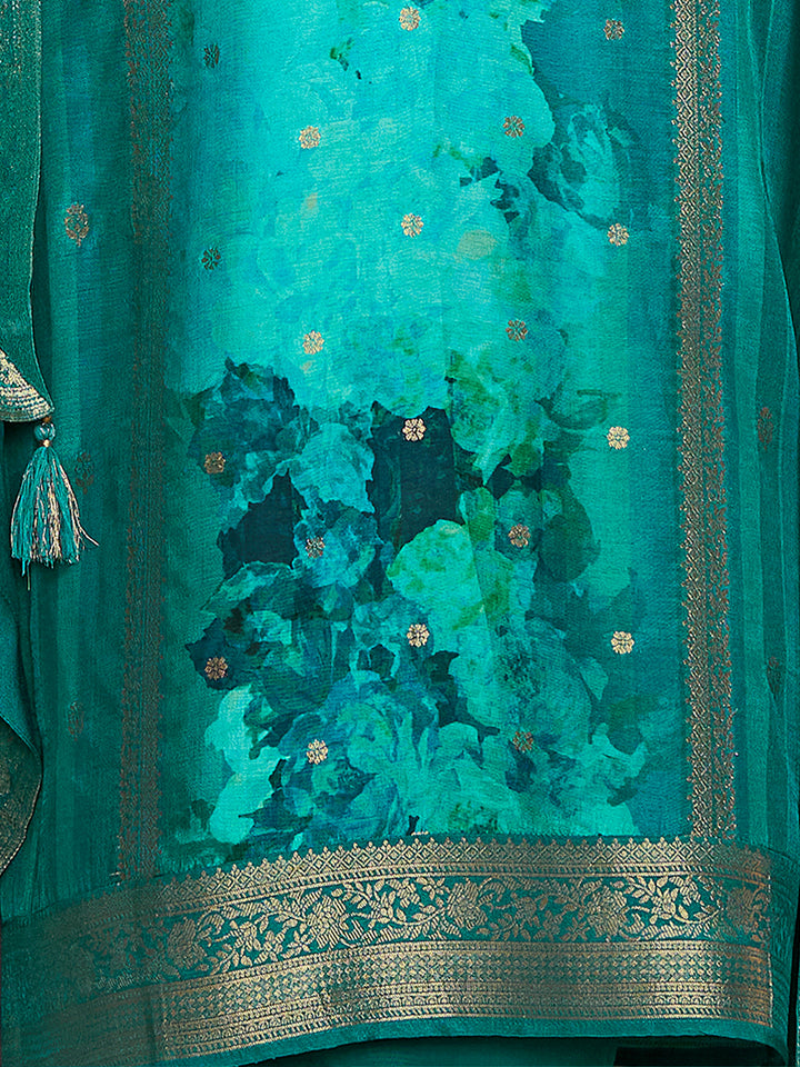 Bondi Blue Premium Dola Silk Suit with Ethnic Motifs & Jacquard Accents