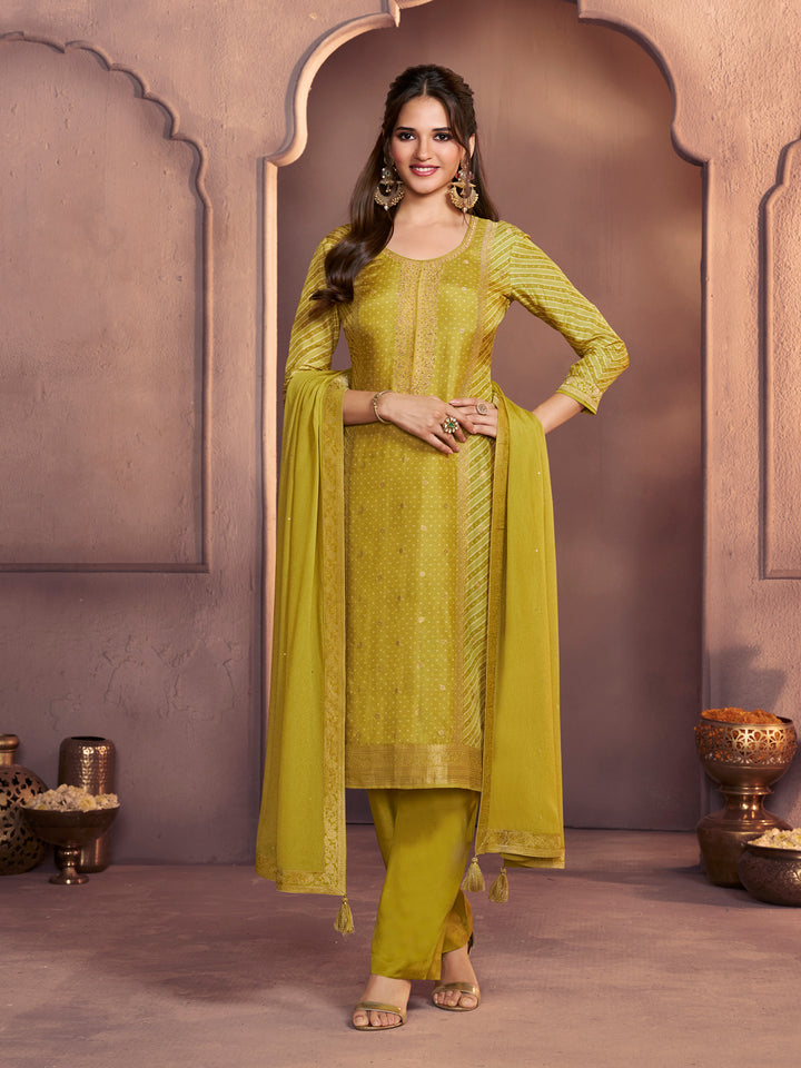 Mustard Yellow Premium Dola Silk Suit with Ethnic Motifs & Jacquard Detailing