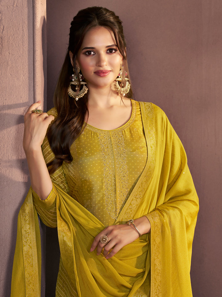 Mustard Yellow Premium Dola Silk Suit with Ethnic Motifs & Jacquard Detailing