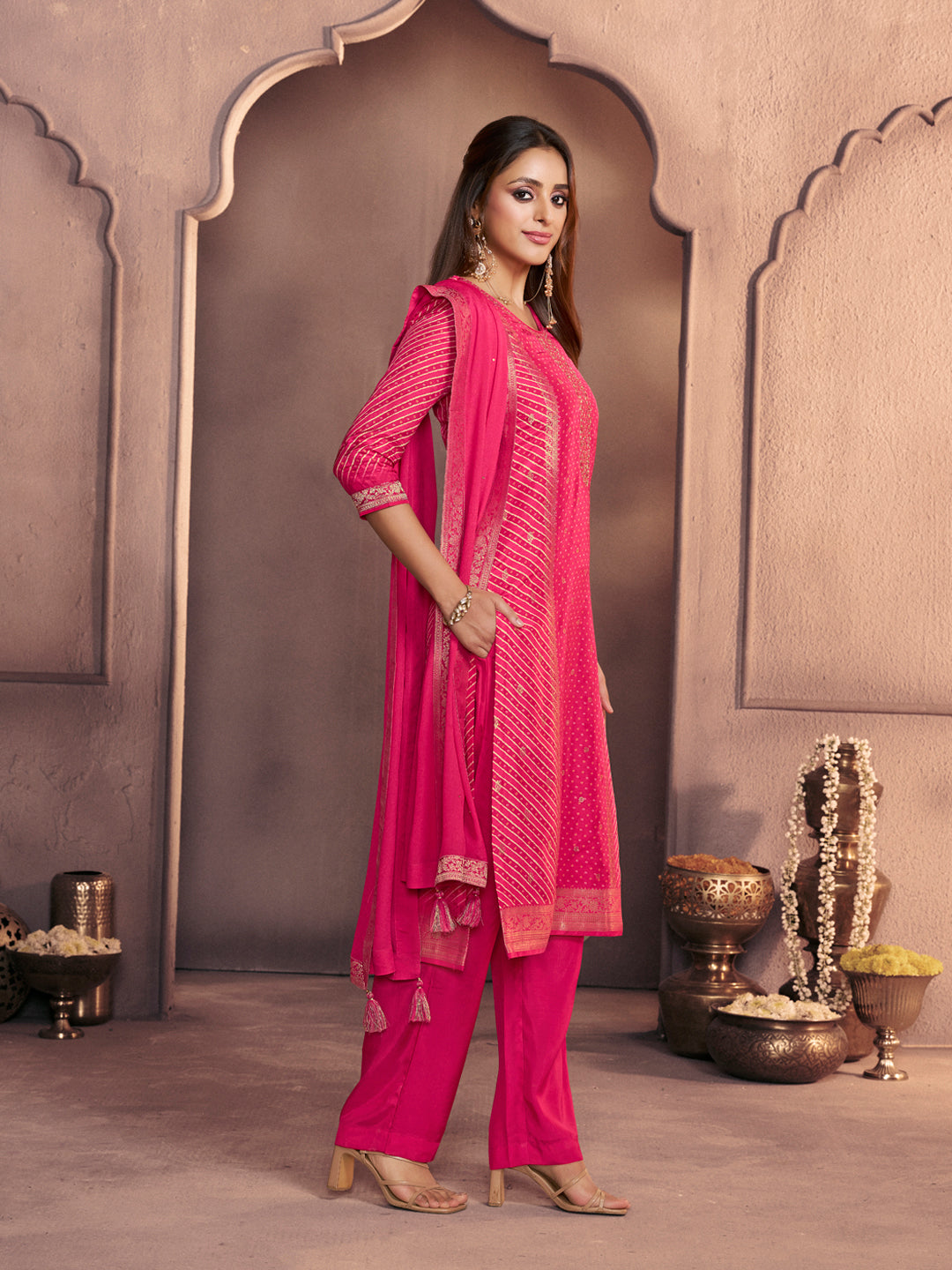 Crimson Pink Premium Dola Silk Suit with Ethnic Motifs & Jacquard Detailing