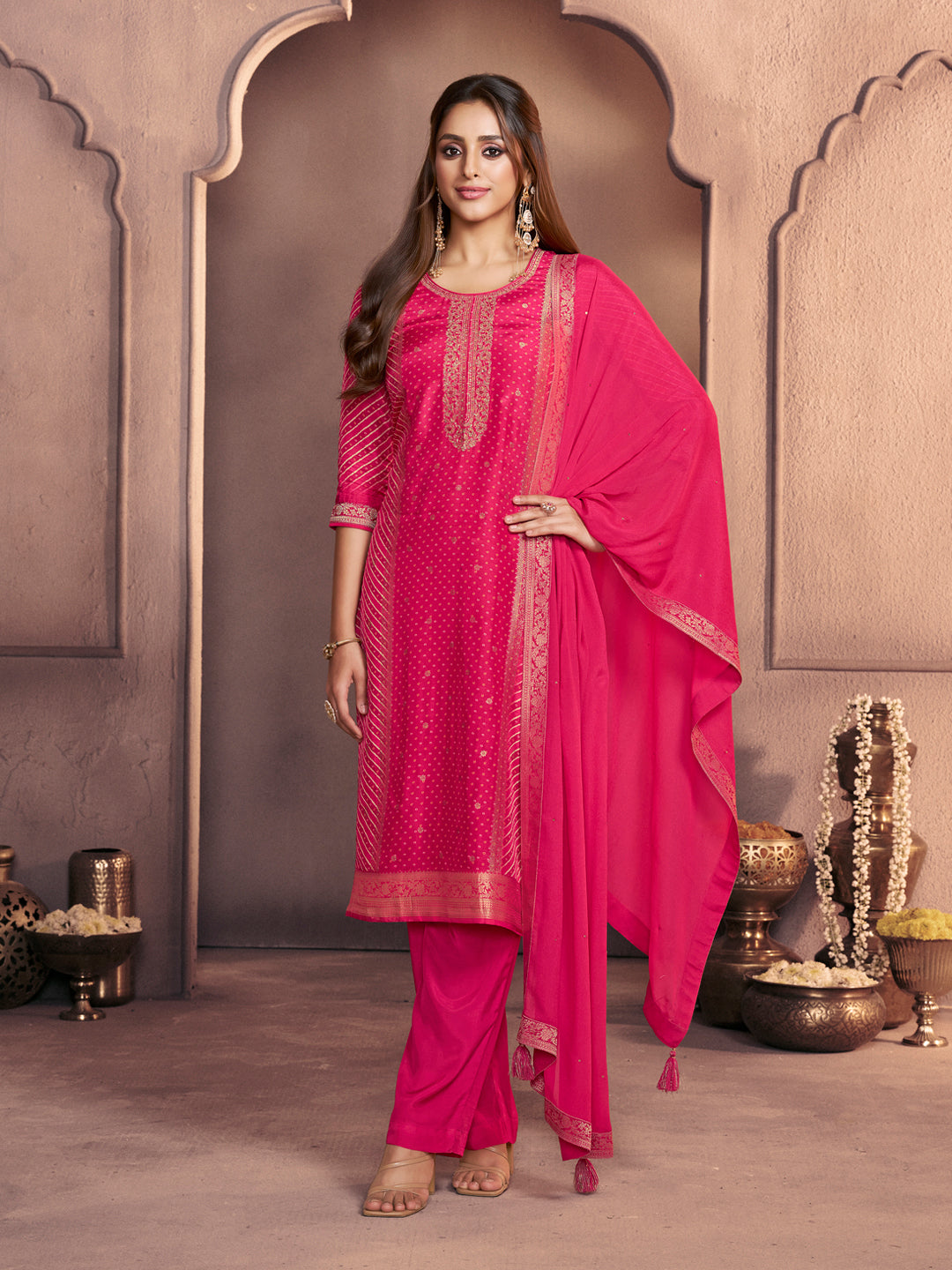 Crimson Pink Premium Dola Silk Suit with Ethnic Motifs & Jacquard Detailing