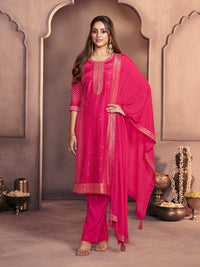 Crimson Pink Premium Dola Silk Suit with Ethnic Motifs & Jacquard Detailing