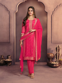 Crimson Pink Premium Dola Silk Suit with Ethnic Motifs & Jacquard Detailing