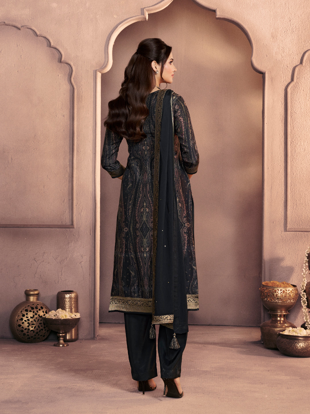 Black Premium Dola Silk Suit with Ethnic Motifs & Jacquard Embellishment