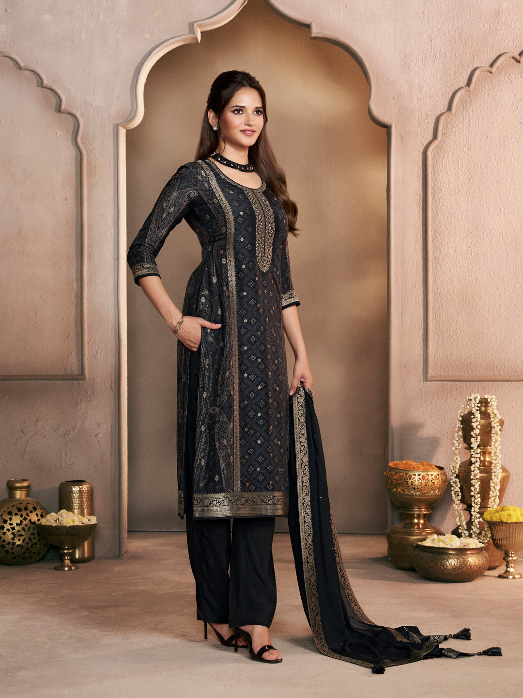 Black Premium Dola Silk Suit with Ethnic Motifs & Jacquard Embellishment