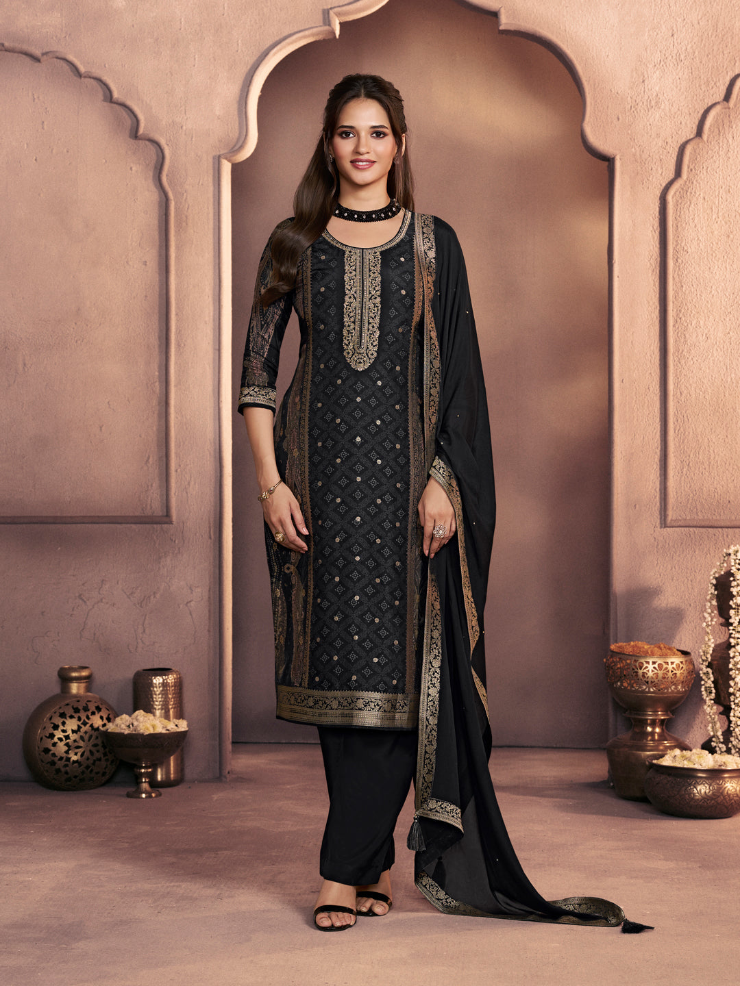 Black Premium Dola Silk Suit with Ethnic Motifs & Jacquard Embellishment
