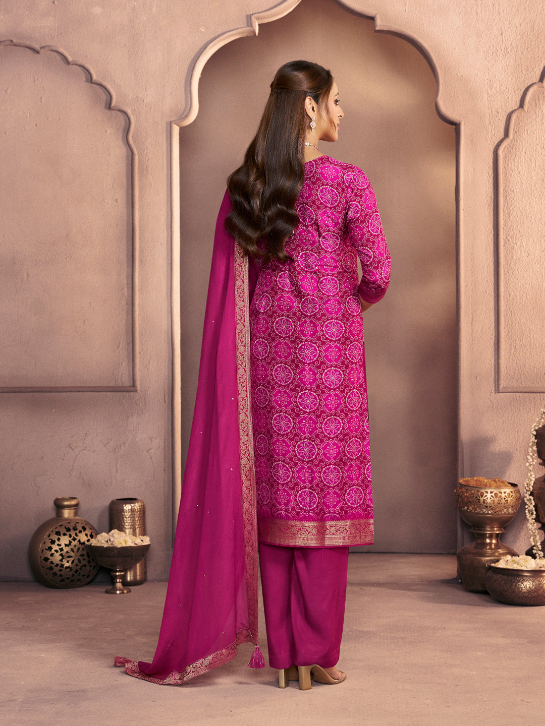 Magenta Premium Dola Silk Suit with Ethnic Motifs & Jacquard Detailing