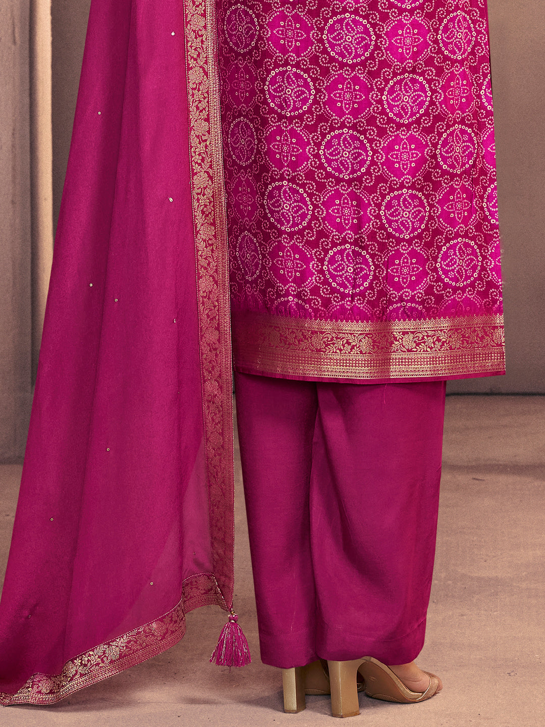 Magenta Premium Dola Silk Suit with Ethnic Motifs & Jacquard Detailing