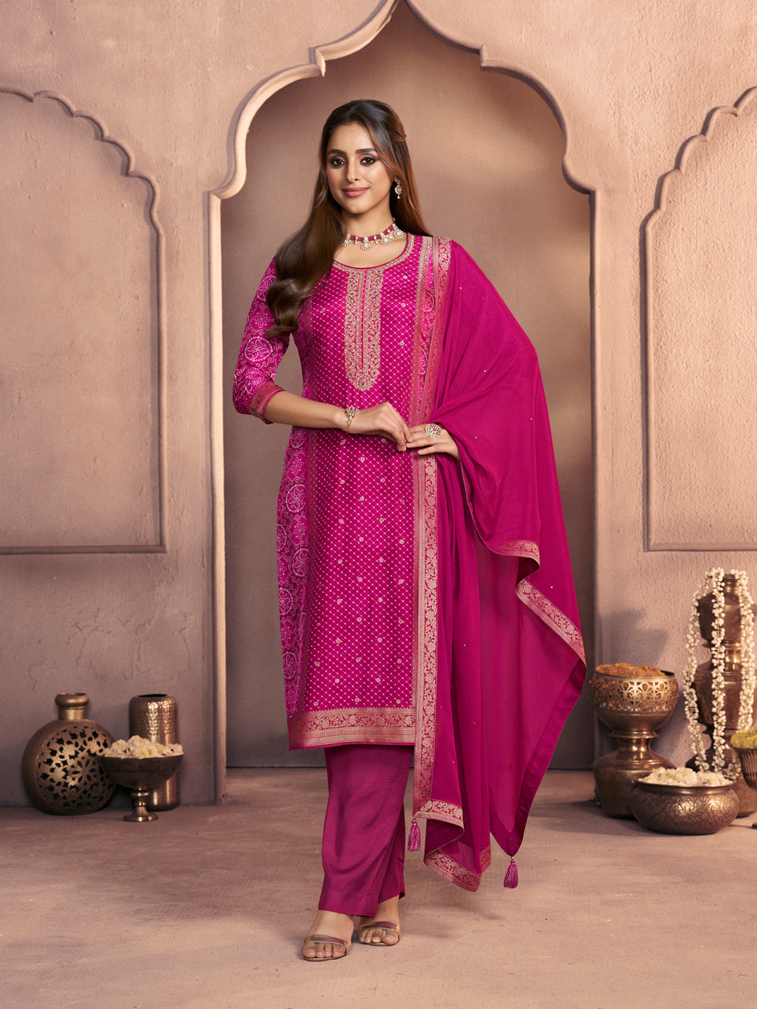 Magenta Premium Dola Silk Suit with Ethnic Motifs & Jacquard Detailing