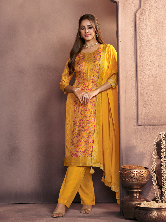 Yellow Premium Dola Silk Suit with Ethnic Motifs & Jacquard Detailing
