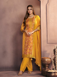 Yellow Premium Dola Silk Suit with Ethnic Motifs & Jacquard Detailing