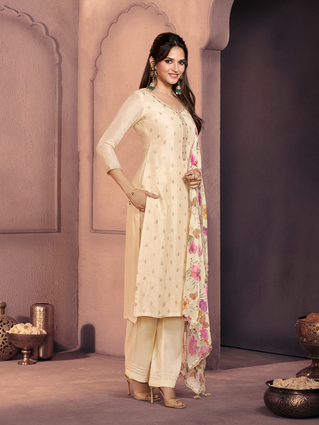 Off-White Dola Silk Suit with Ethnic Motifs & Embroidered Neckline