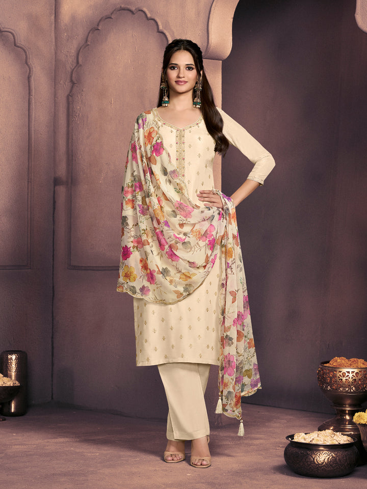 Off-White Dola Silk Suit with Ethnic Motifs & Embroidered Neckline