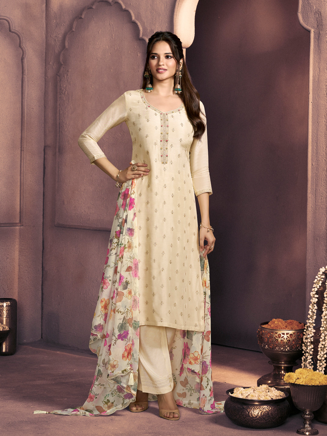 Off-White Dola Silk Suit with Ethnic Motifs & Embroidered Neckline
