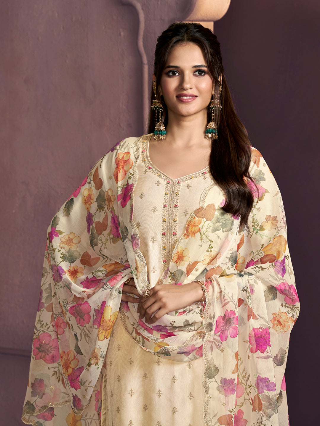 Off-White Dola Silk Suit with Ethnic Motifs & Embroidered Neckline