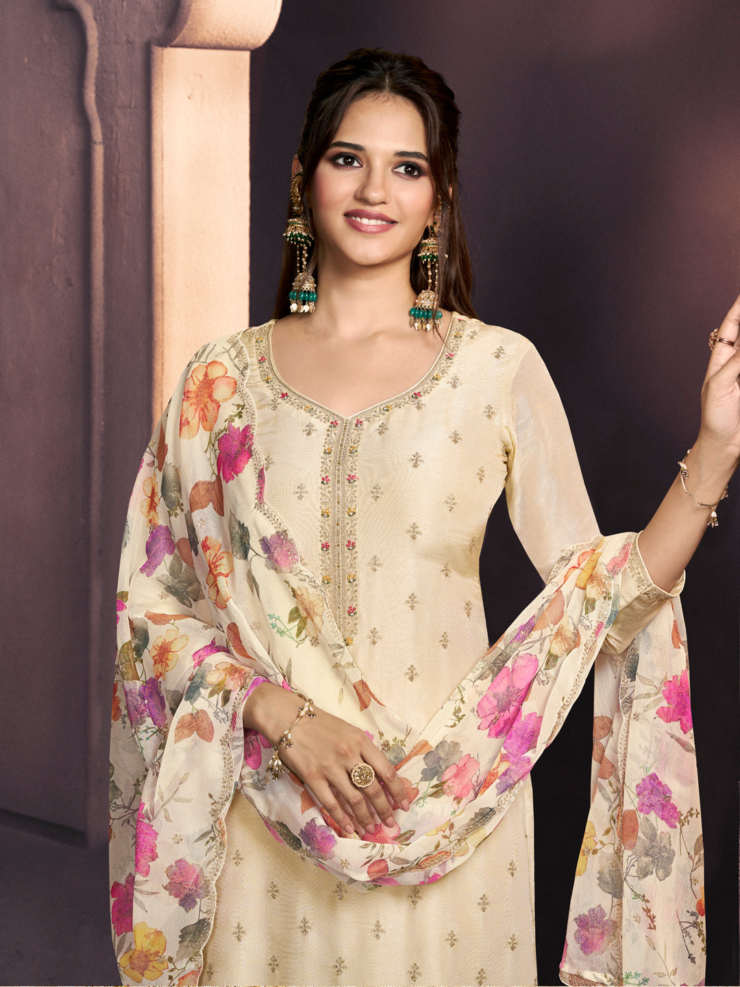 Off-White Dola Silk Suit with Ethnic Motifs & Embroidered Neckline
