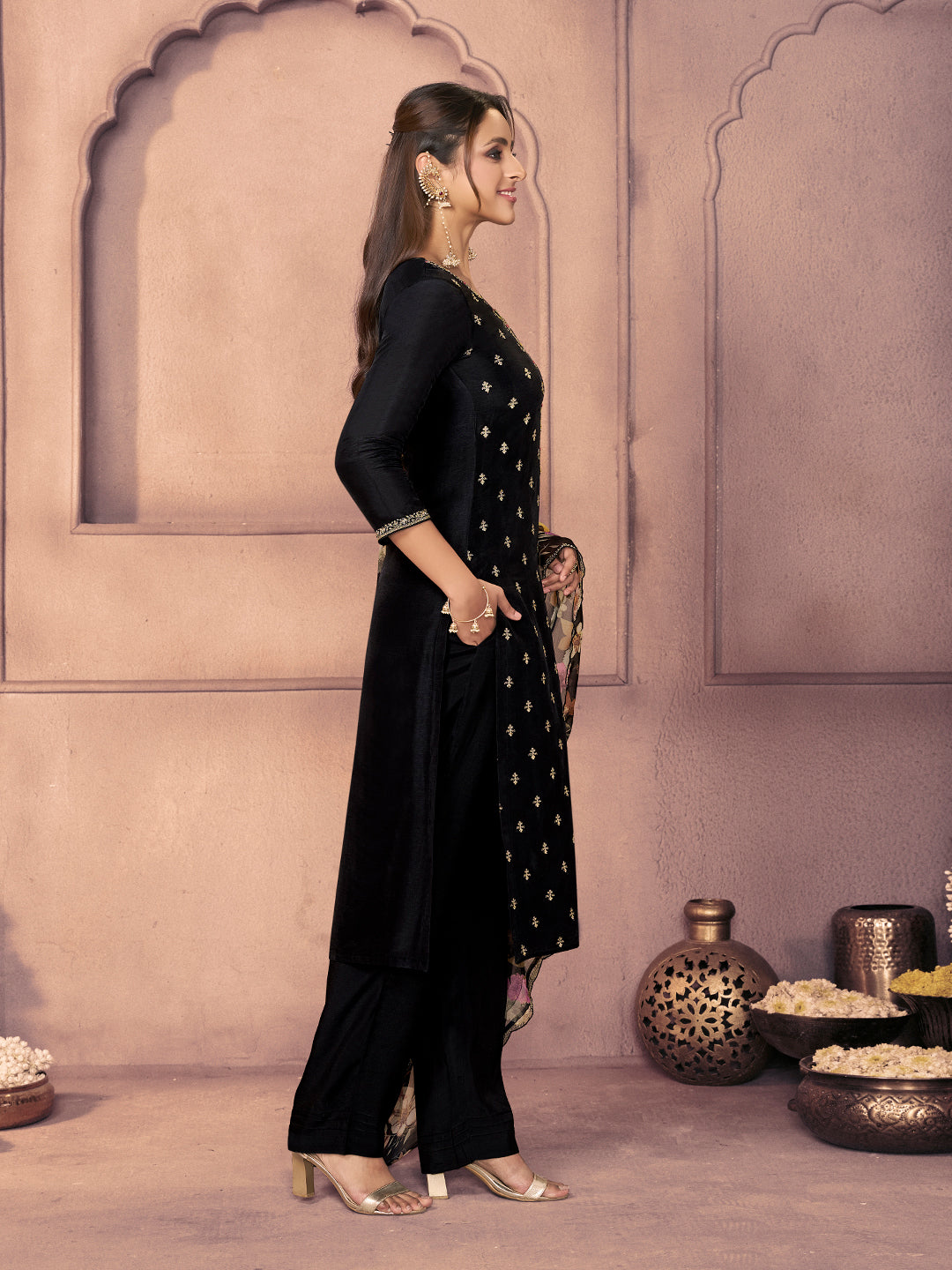 Black Dola Silk Suit with Ethnic Motifs and Embroidered Neckline
