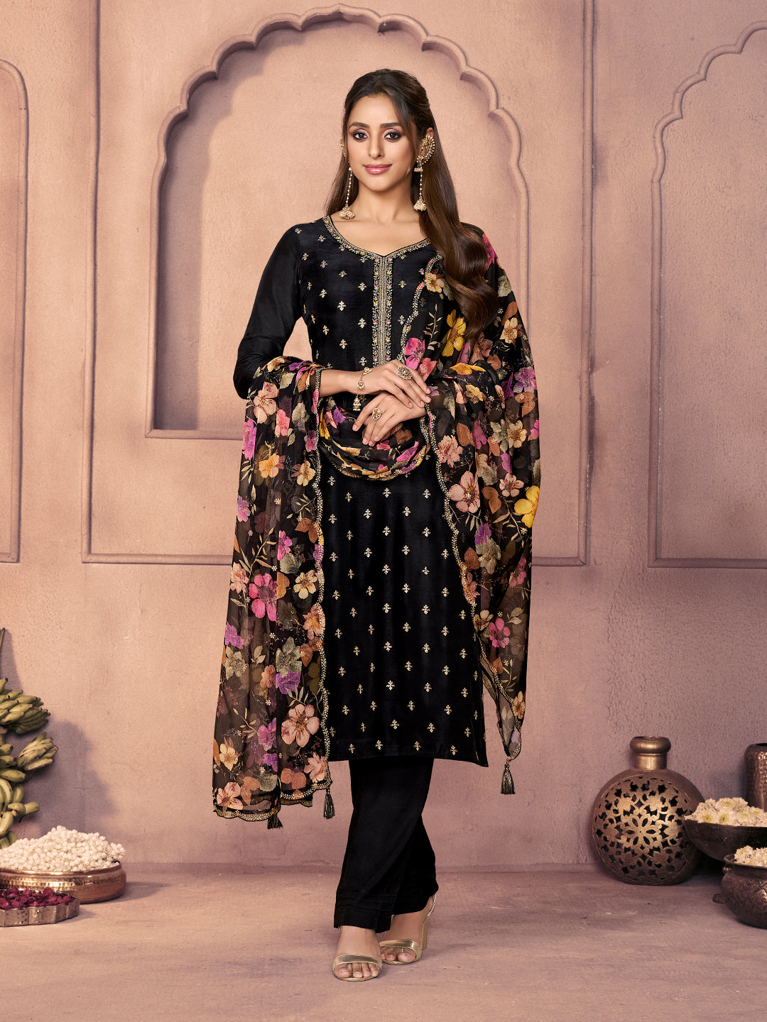 Black Dola Silk Suit with Ethnic Motifs and Embroidered Neckline