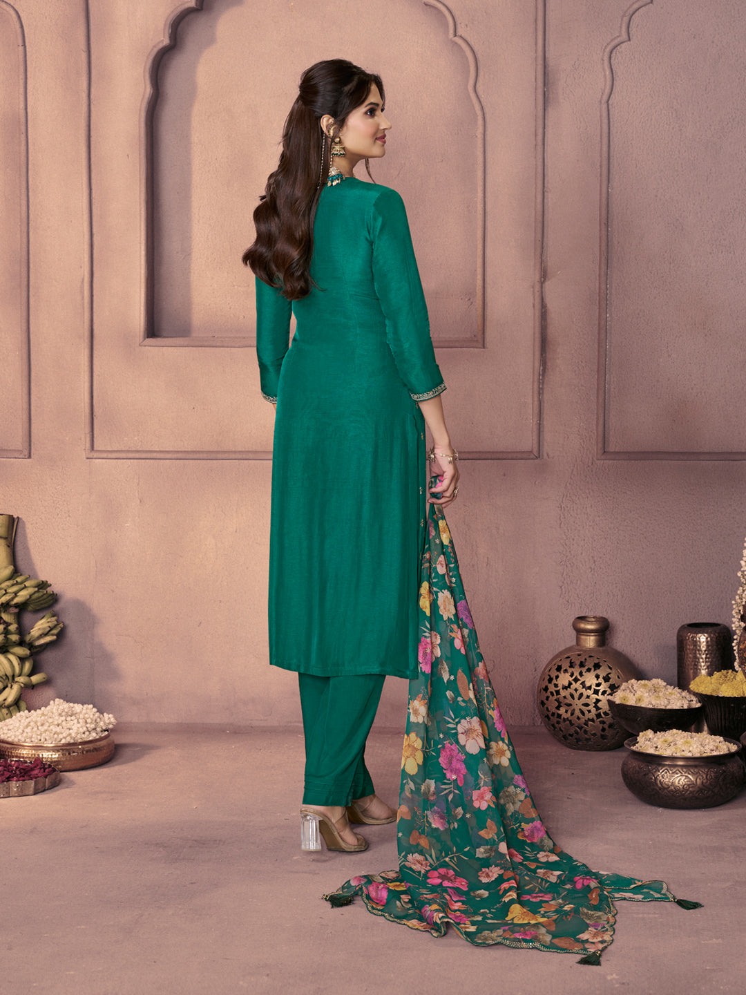Teal Green Dola Silk Suit with Ethnic Motifs & Embroidered Neckline