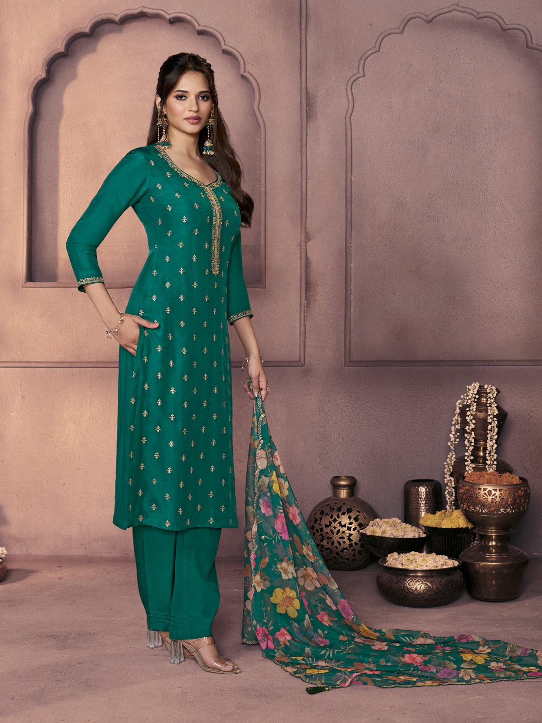 Teal Green Dola Silk Suit with Ethnic Motifs & Embroidered Neckline