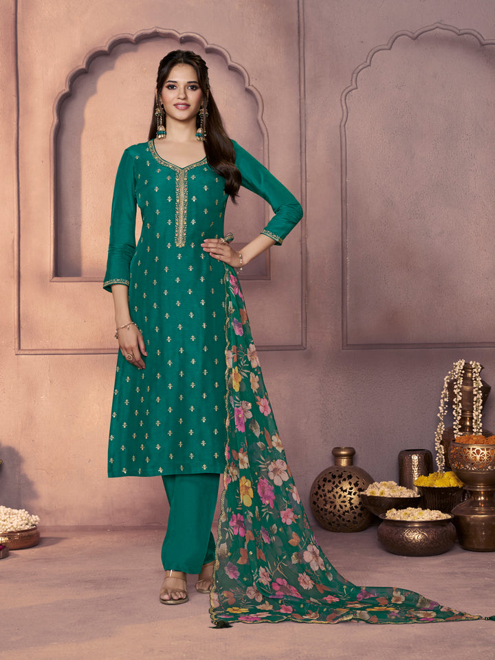 Teal Green Dola Silk Suit with Ethnic Motifs & Embroidered Neckline