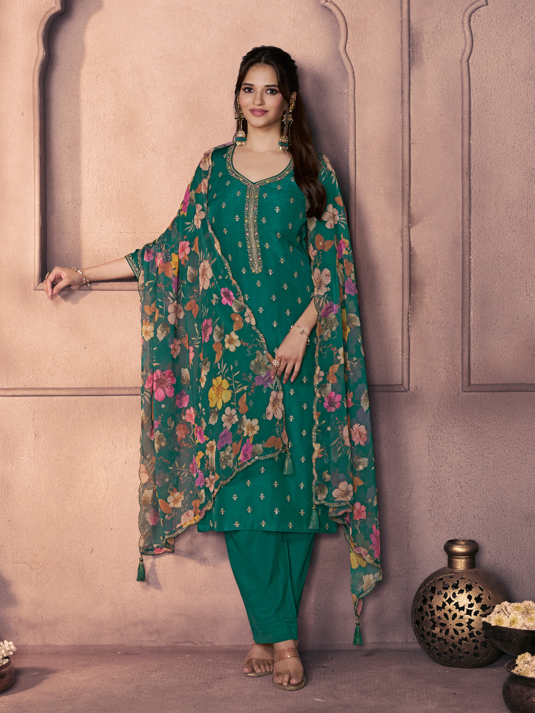 Teal Green Dola Silk Suit with Ethnic Motifs & Embroidered Neckline
