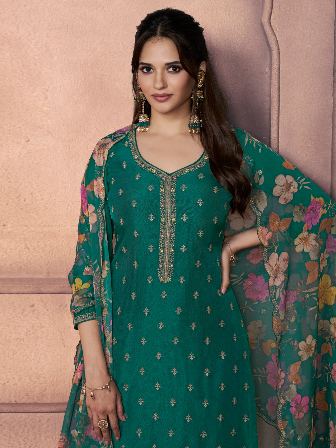 Teal Green Dola Silk Suit with Ethnic Motifs & Embroidered Neckline
