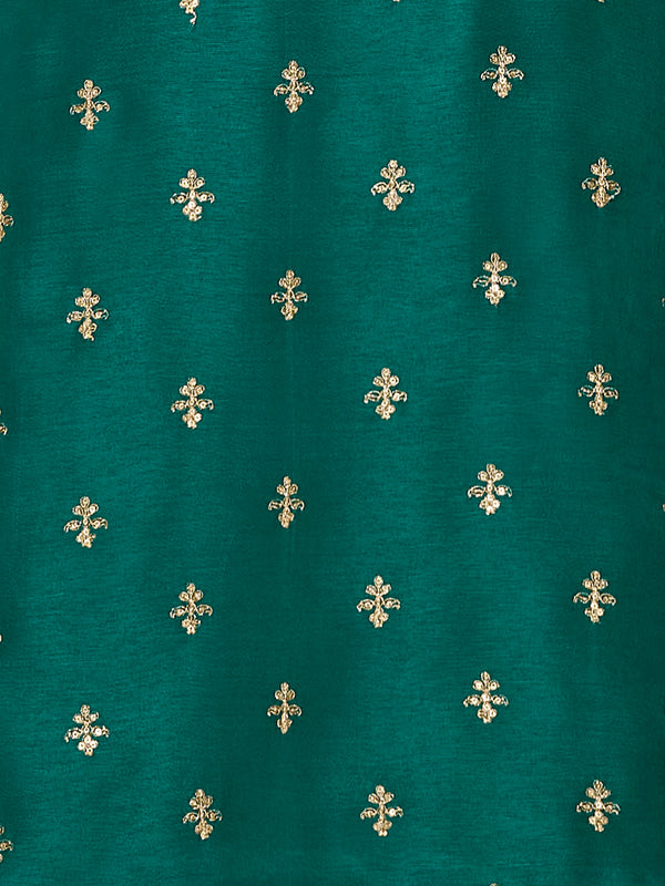 Teal Green Dola Silk Suit with Ethnic Motifs & Embroidered Neckline