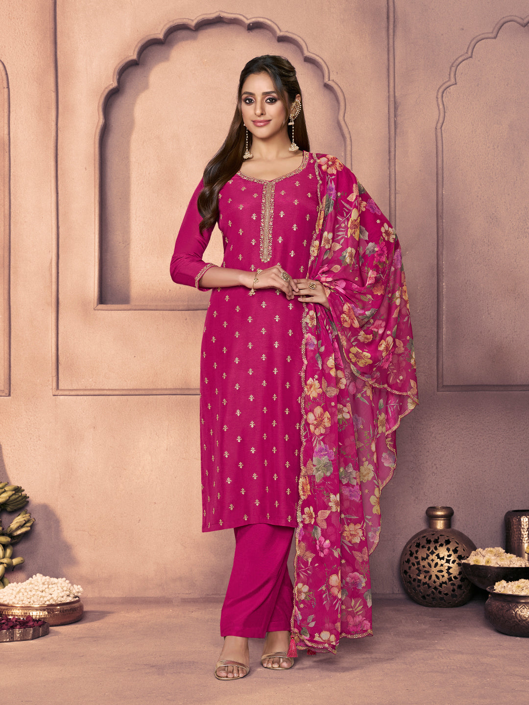 Magenta Dola Silk Suit with Ethnic Motifs & Embroidered Neckline