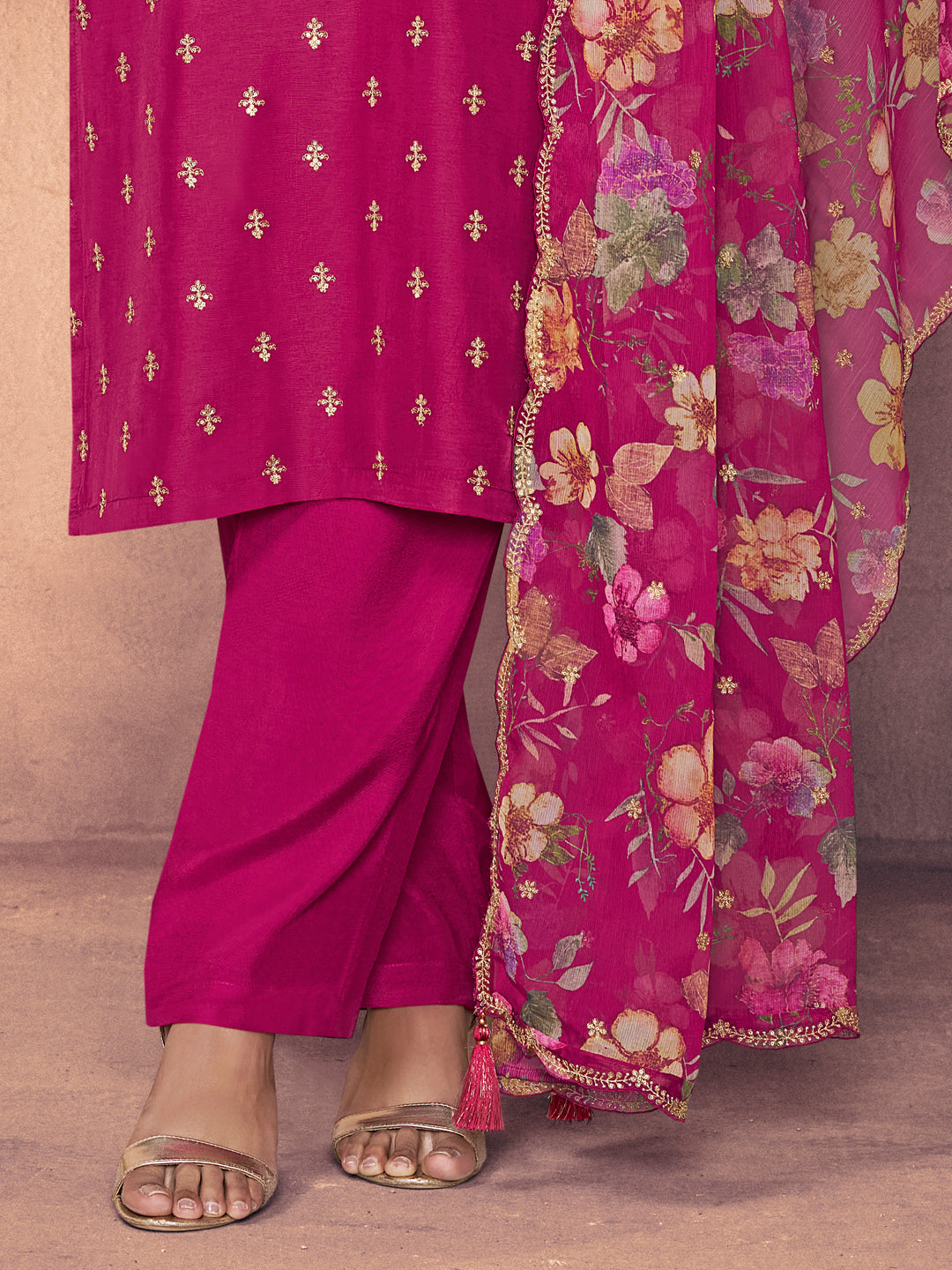 Magenta Dola Silk Suit with Ethnic Motifs & Embroidered Neckline