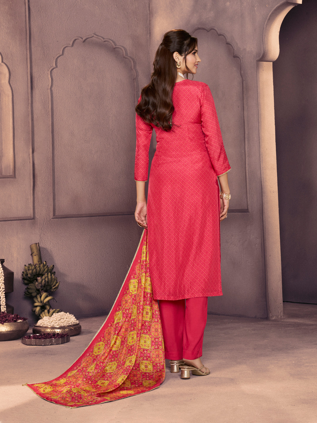 Dark Pink Russian Silk Suit with Printed Dupatta & Embroidered Neckline