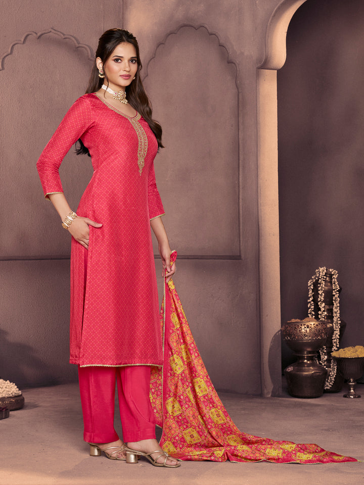 Dark Pink Russian Silk Suit with Printed Dupatta & Embroidered Neckline