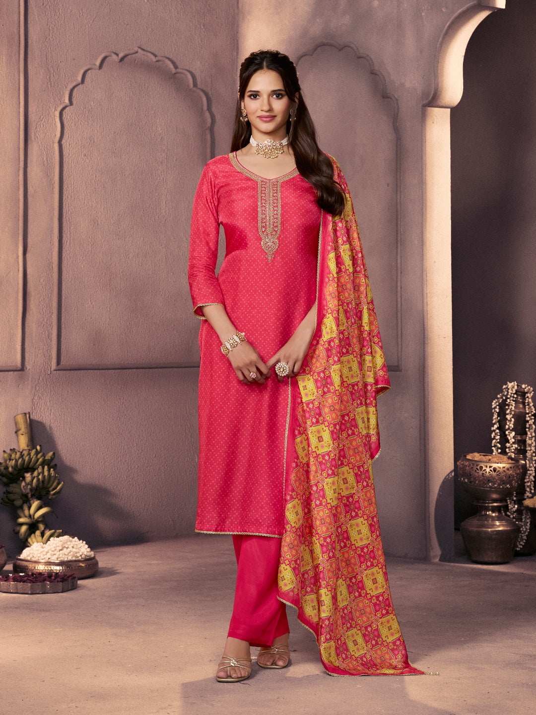 Dark Pink Russian Silk Suit with Printed Dupatta & Embroidered Neckline