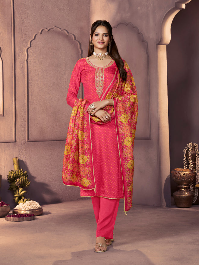 Dark Pink Russian Silk Suit with Printed Dupatta & Embroidered Neckline