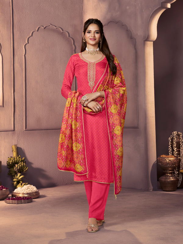 Dark Pink Russian Silk Suit with Printed Dupatta & Embroidered Neckline
