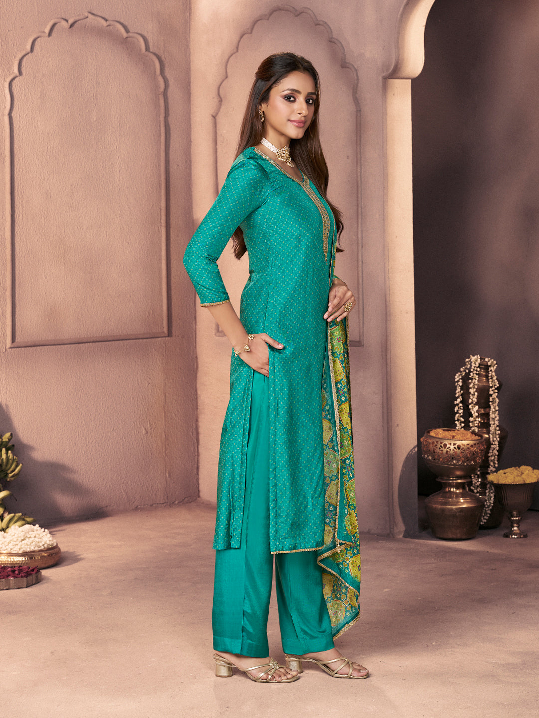 Aqua Blue Russian Silk Suit with Ethnic Motif Print & Embroidered Detailing