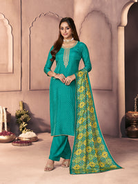 Aqua Blue Russian Silk Suit with Ethnic Motif Print & Embroidered Detailing