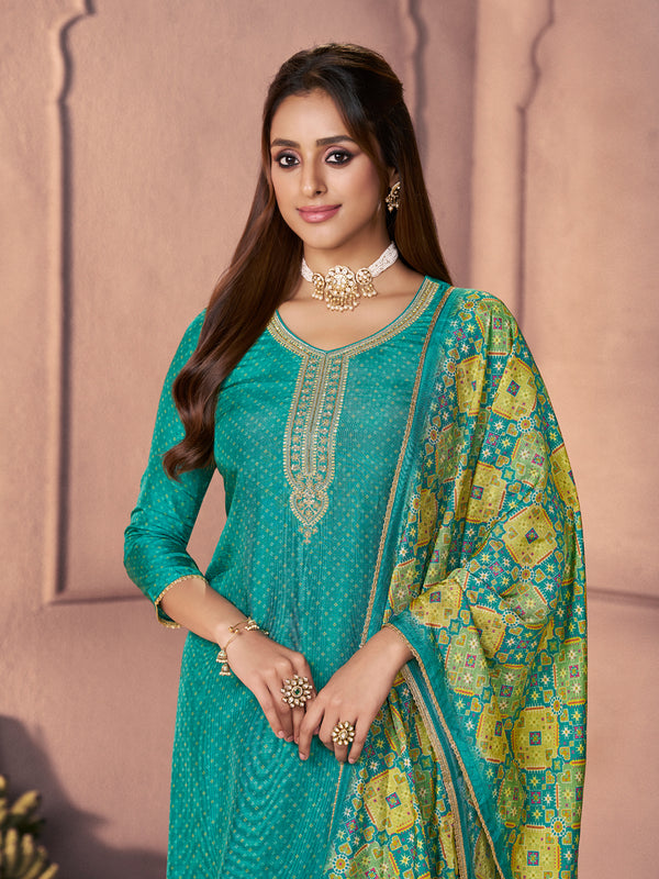 Aqua Blue Russian Silk Suit with Ethnic Motif Print & Embroidered Detailing