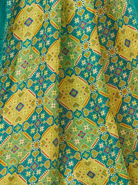 Aqua Blue Russian Silk Suit with Ethnic Motif Print & Embroidered Detailing
