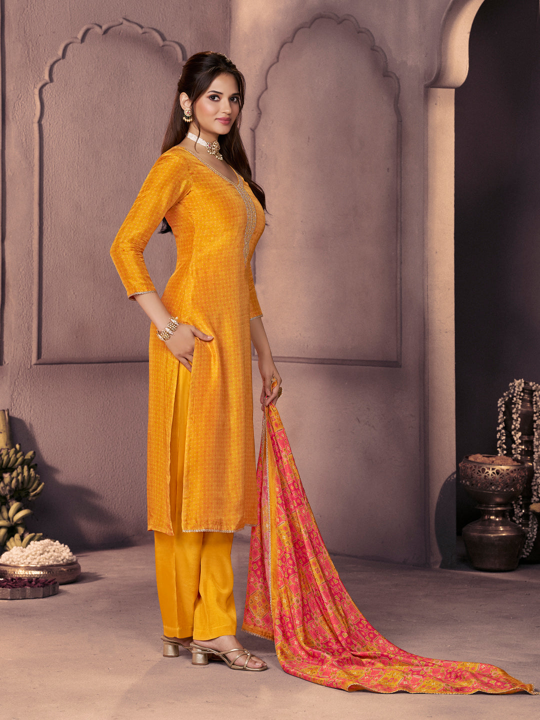 Amber Russian Silk Suit with Ethnic Motif Print & Embroidered Neckline