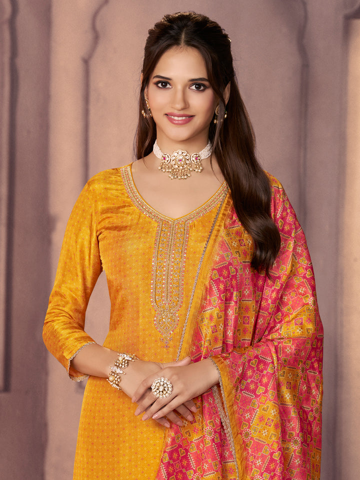 Amber Russian Silk Suit with Ethnic Motif Print & Embroidered Neckline